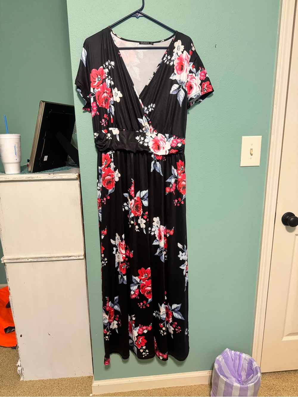Black Floral Wrap Maxi Dress with Red & Pink Blooms